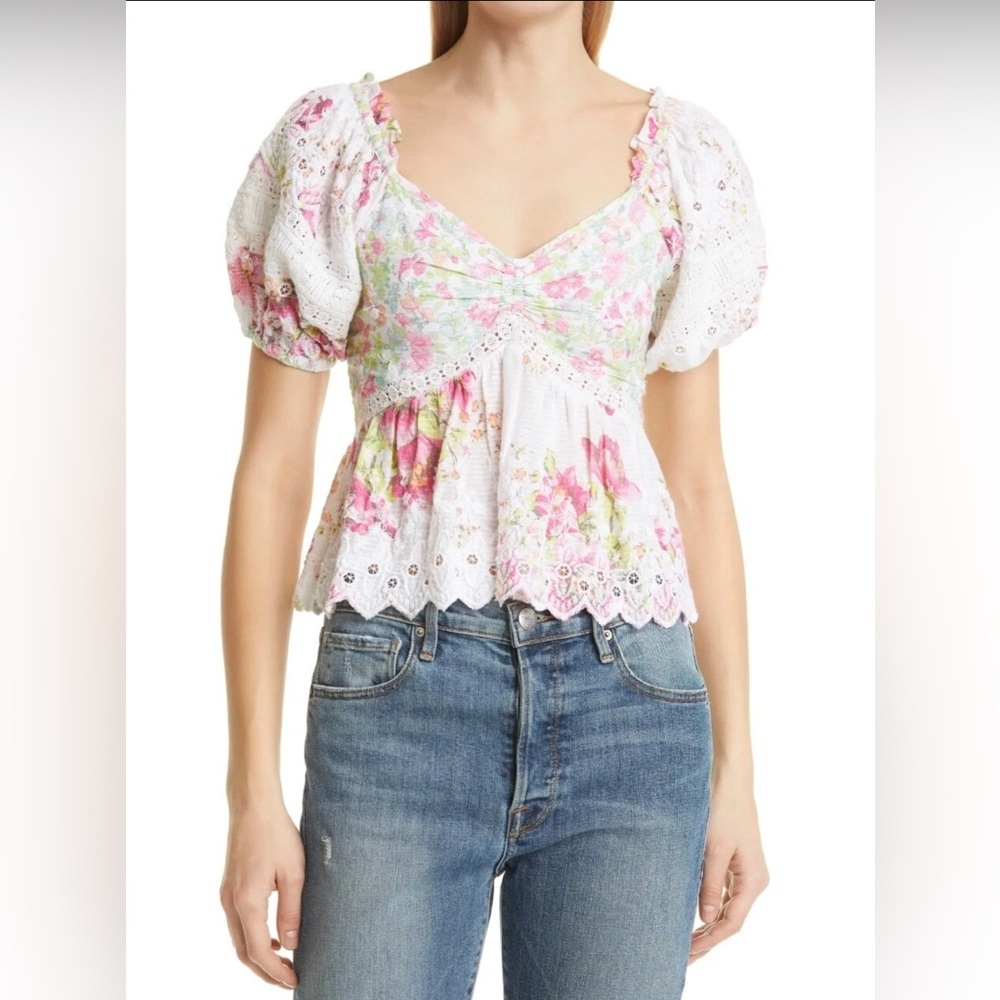 LoveShackFancy Prezia Top Garden Glow Pink White Floral Size Small